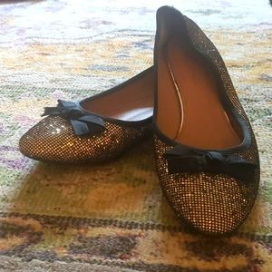Glitter party flats with black bow and trim